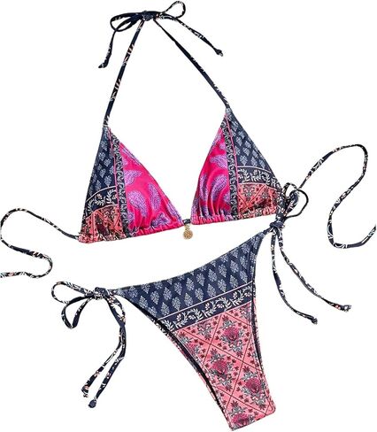 GORGLITTER Women's String Thong Swimsuit High Cut Halter Triangle Top Boho Colorblock Bikini Set Bathing Suit in Kuwait