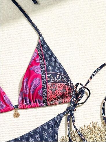 GORGLITTER Women's String Thong Swimsuit High Cut Halter Triangle Top Boho Colorblock Bikini Set Bathing Suit in Kuwait