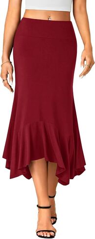 Women's Stretchy High Waist Ruffle Asymmetrical Hem Flowy Midi Skirt in Kuwait
