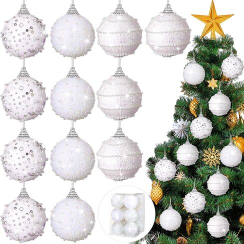 Poen 12 Pcs Hanging Champagne Ball Ornaments, 2.76 Inch Sequin Christmas Balls Champagne Christmas Tree Ornaments Glitter Christmas Ornaments Plastic Hanging Pearl Balls for Trees in Saudi Arabia