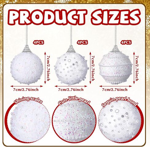 Poen 12 Pcs Hanging Champagne Ball Ornaments, 2.76 Inch Sequin Christmas Balls Champagne Christmas Tree Ornaments Glitter Christmas Ornaments Plastic Hanging Pearl Balls for Trees in Saudi Arabia