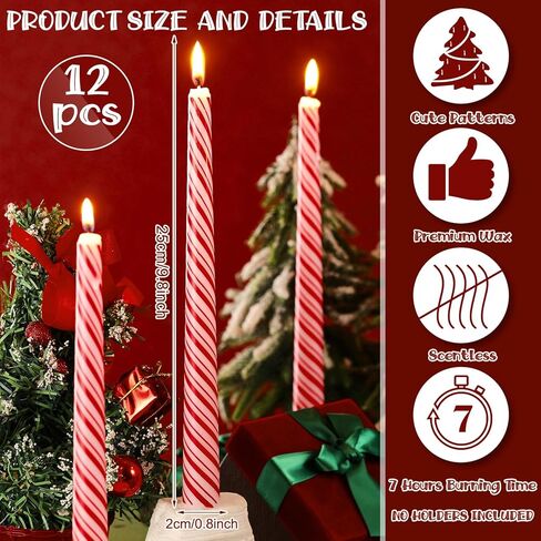 12 Pcs Christmas Taper Candles 10 Inch Tall Red and White Stripes Candles Long Burning Candles Christmas Decoration Christmas Candle for Christmas Dinner Xmas Party Table Decoration in Kuwait