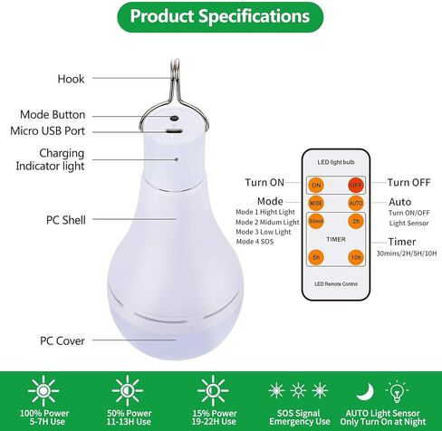 Afoskce Solar Light Bulb Outdoor Rechargeable 300LM Solar Powered Light Led Bulb with Remote Timer, Lighting Sensor, 4 Lighting Mode for Chicken Coops Shed Hiking Camping Hurricane Emergency Lighting in Saudi Arabia