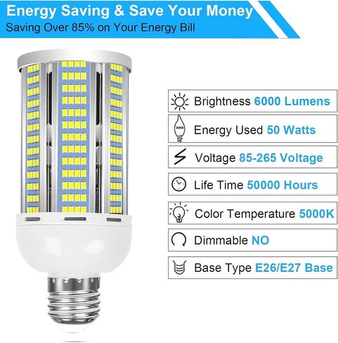 2 حزمة 400W ما يعادل LED ضوء الذرة لمبة 6000 لومن أدى لمبة الذرة 50W السوبر مشرق 5000K ضوء النهار الأبيض E26 / E27 قاعدة LED ضوء لمبة للمنزل المرآب الإضاءة المرآب الفناء الخلفي مكتب المنزلية in Kuwait