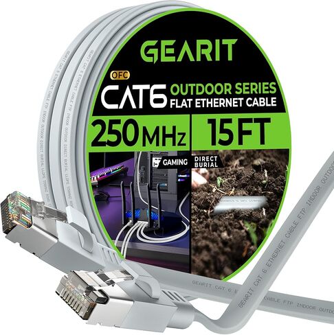 كابل إيثرنت مسطح خارجي من GearIT Cat 6 (60 قدمًا، رمادي) سترة LLDPE مُصنفة للدفن المباشر - داخلي Cat6 محمي FTP بسرعة 10 جيجابت في الثانية شبكة كمبيوتر ألعاب عالية السرعة RJ45 سلك توصيل بدون تشابك للإنترنت in Saudi Arabia