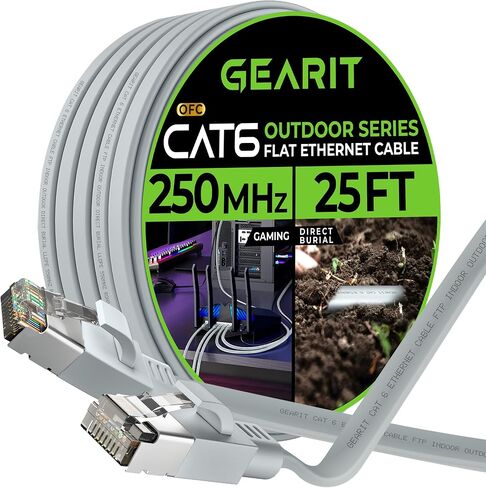 كابل إيثرنت مسطح خارجي من GearIT Cat 6 (60 قدمًا، رمادي) سترة LLDPE مُصنفة للدفن المباشر - داخلي Cat6 محمي FTP بسرعة 10 جيجابت في الثانية شبكة كمبيوتر ألعاب عالية السرعة RJ45 سلك توصيل بدون تشابك للإنترنت in Saudi Arabia