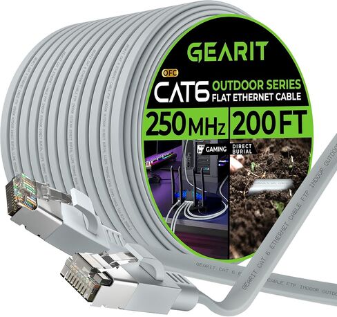 كابل إيثرنت مسطح خارجي من GearIT Cat 6 (60 قدمًا، رمادي) سترة LLDPE مُصنفة للدفن المباشر - داخلي Cat6 محمي FTP بسرعة 10 جيجابت في الثانية شبكة كمبيوتر ألعاب عالية السرعة RJ45 سلك توصيل بدون تشابك للإنترنت in Saudi Arabia