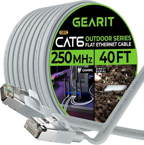 كابل إيثرنت مسطح خارجي من GearIT Cat 6 (60 قدمًا، رمادي) سترة LLDPE مُصنفة للدفن المباشر - داخلي Cat6 محمي FTP بسرعة 10 جيجابت في الثانية شبكة كمبيوتر ألعاب عالية السرعة RJ45 سلك توصيل بدون تشابك للإنترنت in Saudi Arabia