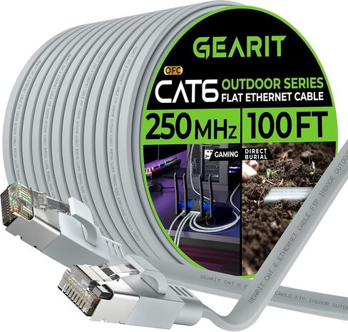 كابل إيثرنت مسطح خارجي من GearIT Cat 6 (60 قدمًا، رمادي) سترة LLDPE مُصنفة للدفن المباشر - داخلي Cat6 محمي FTP بسرعة 10 جيجابت في الثانية شبكة كمبيوتر ألعاب عالية السرعة RJ45 سلك توصيل بدون تشابك للإنترنت in Saudi Arabia