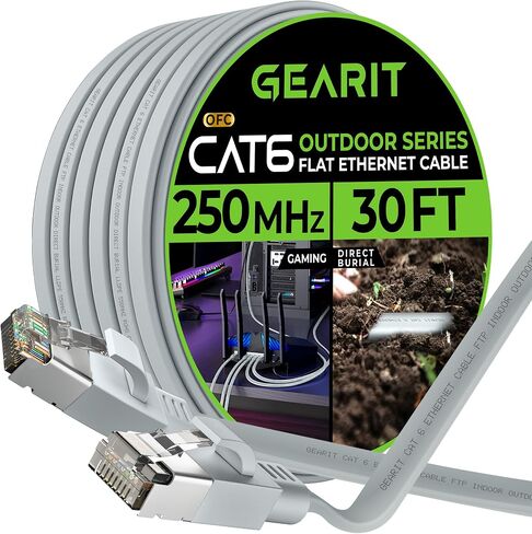 كابل إيثرنت مسطح خارجي من GearIT Cat 6 (60 قدمًا، رمادي) سترة LLDPE مُصنفة للدفن المباشر - داخلي Cat6 محمي FTP بسرعة 10 جيجابت في الثانية شبكة كمبيوتر ألعاب عالية السرعة RJ45 سلك توصيل بدون تشابك للإنترنت in Saudi Arabia