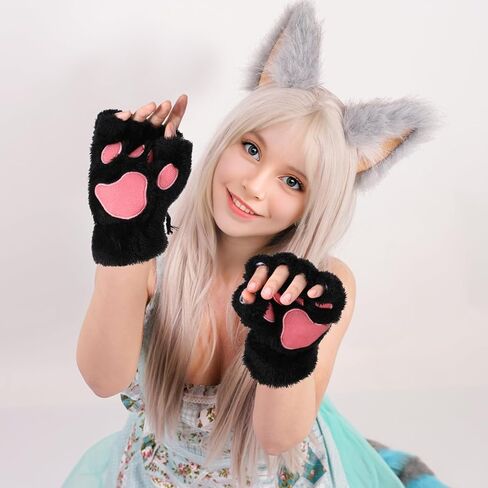 Cat Paws Gloves Cute Fingerless Furry Paws Kawaii Half Finger Paws Therian Cosplay Costume Accessories for Halloween in Kuwait