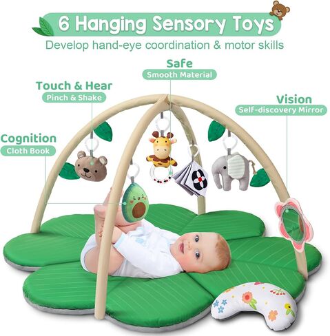 Jyusmile Baby Play Gym Mat, 8-in-1 Tummy Time Mat with 6 Toys, Washable Baby Activity Mat for Visual, Hearing, Sensory, Motor Development, Baby Essentials Gift for Newborn Infant 0-3-6-9-12 Months in Saudi Arabia