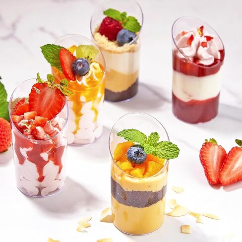TOFLEN 50 Pack Mini Dessert Cups with Spoons - 2.2 oz Clear Plastic Parfait Cups Reusable Party Serving Cups for Appetizers - Round Slanted Dessert Shot Glasses in Saudi Arabia