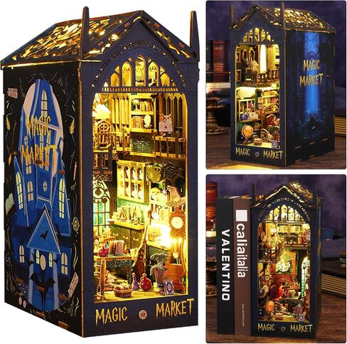 ISSEVE DIY Book Nook Kit، لغز خشبي ثلاثي الأبعاد DIY طقم منزل مصغر لتزيين رف الكتب، حامل كتاب سحري لبيت الكتب ورف الكتب للبالغين مع ضوء مستشعر (مكتبة الكتب) in Kuwait