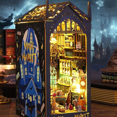 ISSEVE DIY Book Nook Kit، لغز خشبي ثلاثي الأبعاد DIY طقم منزل مصغر لتزيين رف الكتب، حامل كتاب سحري لبيت الكتب ورف الكتب للبالغين مع ضوء مستشعر (مكتبة الكتب) in Kuwait