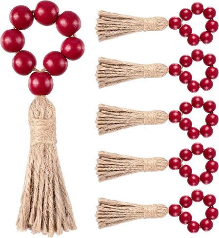 Christmas Buffalo Plaid Wood Bead Napkin Rings with Tassels Fall Wooden Bead Napkin Ring Holders Garland Farmhouse Beaded Napkin Buckle Thanksgiving for Christmas Table (Red,12 Pieces) in Saudi Arabia