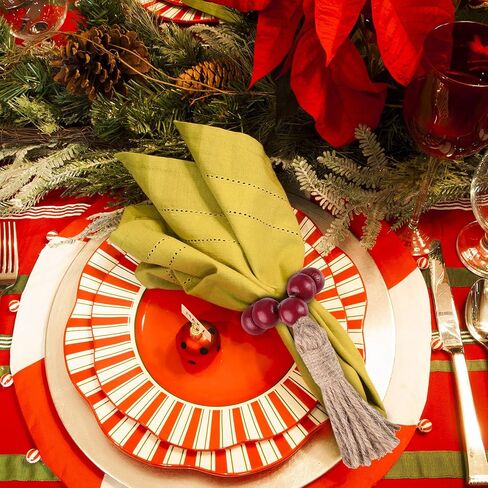 Christmas Buffalo Plaid Wood Bead Napkin Rings with Tassels Fall Wooden Bead Napkin Ring Holders Garland Farmhouse Beaded Napkin Buckle Thanksgiving for Christmas Table (Red,12 Pieces) in Saudi Arabia