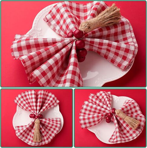 Christmas Buffalo Plaid Wood Bead Napkin Rings with Tassels Fall Wooden Bead Napkin Ring Holders Garland Farmhouse Beaded Napkin Buckle Thanksgiving for Christmas Table (Red,12 Pieces) in Saudi Arabia