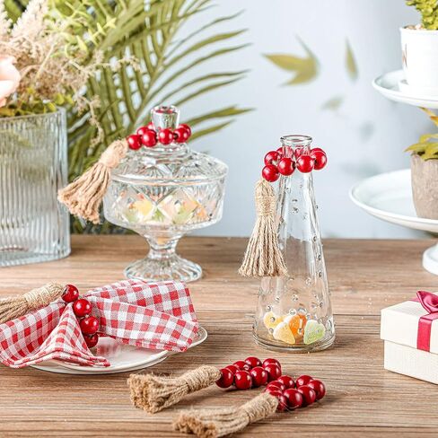 Christmas Buffalo Plaid Wood Bead Napkin Rings with Tassels Fall Wooden Bead Napkin Ring Holders Garland Farmhouse Beaded Napkin Buckle Thanksgiving for Christmas Table (Red,12 Pieces) in Saudi Arabia