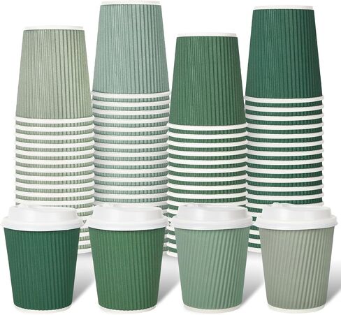 Whaline 100Pcs Sage Green Disposable Coffee Cups with Lids 8oz Gradient Green Paper Cups Corrugated Ripple Wall Insulated Hot Cups for Home Office Party Supplies in Saudi Arabia