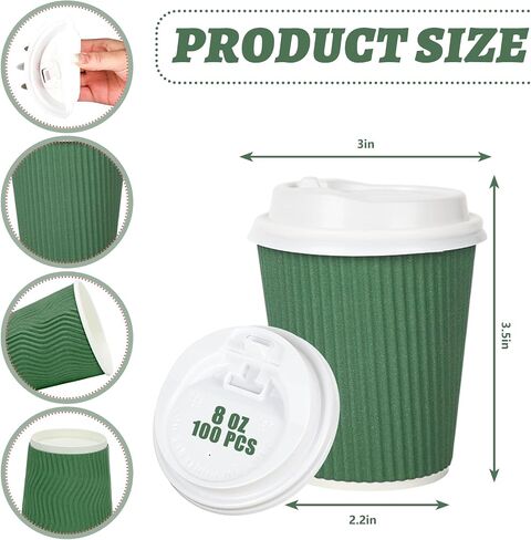 Whaline 100Pcs Sage Green Disposable Coffee Cups with Lids 8oz Gradient Green Paper Cups Corrugated Ripple Wall Insulated Hot Cups for Home Office Party Supplies in Saudi Arabia