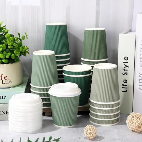 Whaline 100Pcs Sage Green Disposable Coffee Cups with Lids 8oz Gradient Green Paper Cups Corrugated Ripple Wall Insulated Hot Cups for Home Office Party Supplies in Saudi Arabia