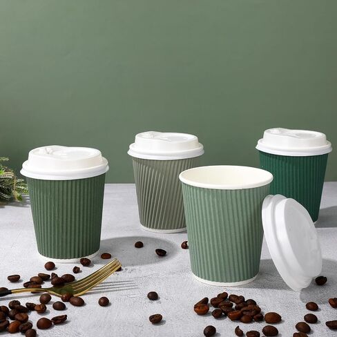 Whaline 100Pcs Sage Green Disposable Coffee Cups with Lids 8oz Gradient Green Paper Cups Corrugated Ripple Wall Insulated Hot Cups for Home Office Party Supplies in Saudi Arabia