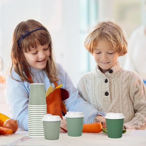 Whaline 100Pcs Sage Green Disposable Coffee Cups with Lids 8oz Gradient Green Paper Cups Corrugated Ripple Wall Insulated Hot Cups for Home Office Party Supplies in Saudi Arabia