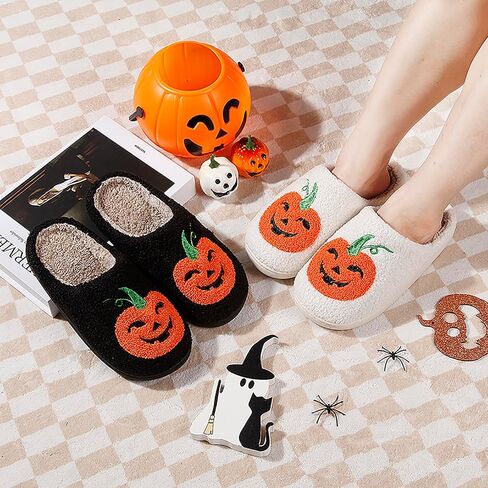Halloween Pumpkin Slippers for Womens Mens Plush Warm Spooky Lantern Pumpkin Slippers House Shoes in Saudi Arabia