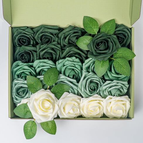 Artificial Flowers, Green White Roses Fake Flowers, 25 Pcs Flowers for St Patrick's Day Party Decorations Floral Arrangements Birthday Engagement Bridal Baby Shower Anniversary Party Supplies in Saudi Arabia