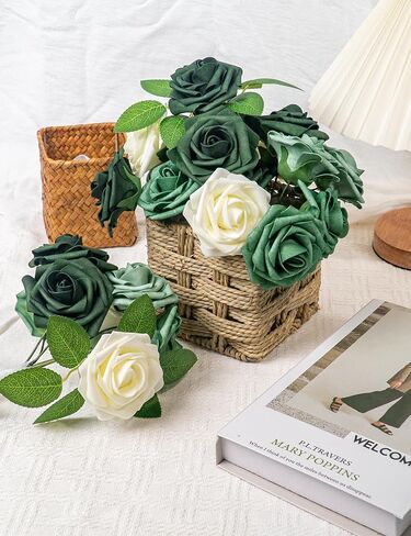Artificial Flowers, Green White Roses Fake Flowers, 25 Pcs Flowers for St Patrick's Day Party Decorations Floral Arrangements Birthday Engagement Bridal Baby Shower Anniversary Party Supplies in Saudi Arabia