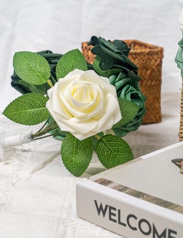 Artificial Flowers, Green White Roses Fake Flowers, 25 Pcs Flowers for St Patrick's Day Party Decorations Floral Arrangements Birthday Engagement Bridal Baby Shower Anniversary Party Supplies in Saudi Arabia