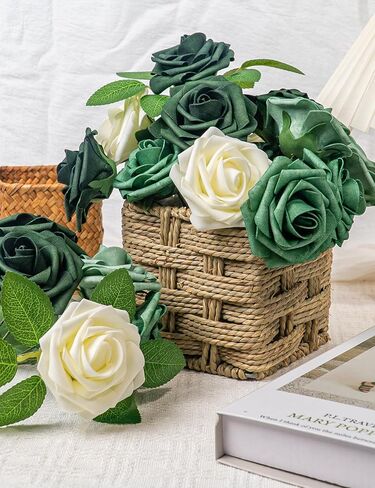 Artificial Flowers, Green White Roses Fake Flowers, 25 Pcs Flowers for St Patrick's Day Party Decorations Floral Arrangements Birthday Engagement Bridal Baby Shower Anniversary Party Supplies in Saudi Arabia