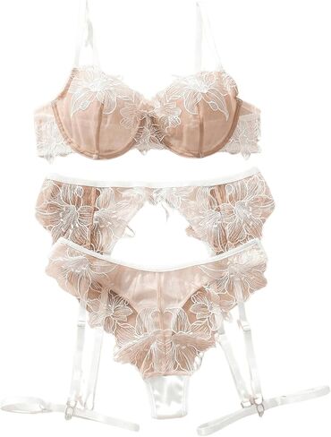 MakeMeChic Women's Floral Embroidery Underwire Bra and Panty Garter Lingerie Sets in Saudi Arabia