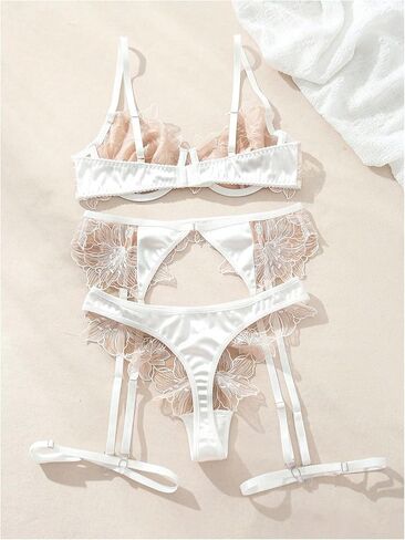 MakeMeChic Women's Floral Embroidery Underwire Bra and Panty Garter Lingerie Sets in Saudi Arabia