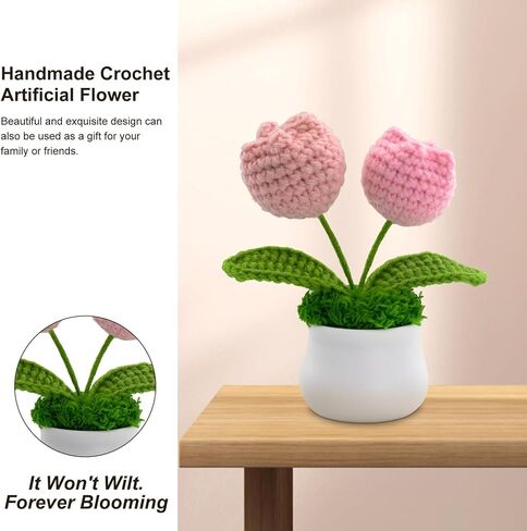 Knitting Crochet Tulip Potted Plants, Fake Artificial Handmade Flowers to Friends, Family and Lover, Cute Decor Gift for Home Decorations, Office Desk in Saudi Arabia