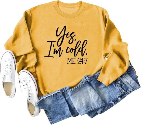 QYZ-Top Yes I'm Cold Me 24:7 Sweatshirt Women's Funny Long Sleeve Letter Printed Lightweight Fleece Graphic Pullover Tops in Kuwait