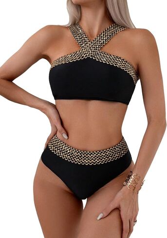 MakeMeChic Women's Two Piece Bikini Sets High Waisted Stitching Criss Cross Halter Bathing Suit in Saudi Arabia