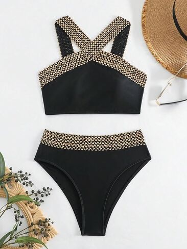 MakeMeChic Women's Two Piece Bikini Sets High Waisted Stitching Criss Cross Halter Bathing Suit in Saudi Arabia