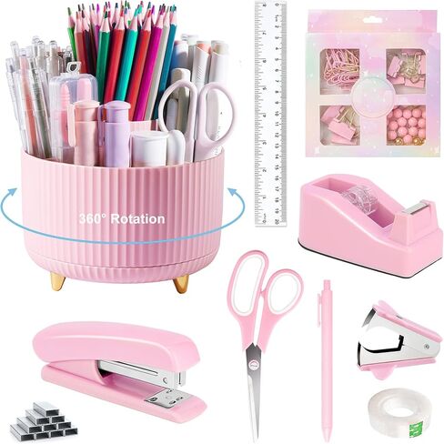 Green Office Supplies, Teal Desk Accessories 360°Pen Holder Desk Organizers and Accessories with Tape Dispenser, Stapler, Staple Remover, 1000 Staples, Tape, Clips Set, Ruler, Scissor, Pen in Saudi Arabia
