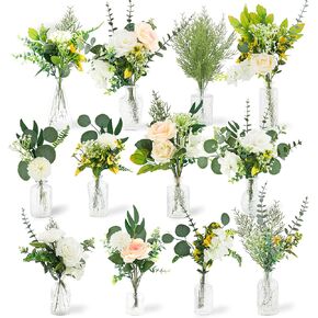 114Pcs Artificial Flowers in Vases Set, Fake Flower Greenery Stem Bulk Sets with 12Pcs Glass Bud Vases, Artificial Plants & Flowers for Centerpiece Table Decorations