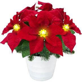 Christmas Artificial Flowers LED Lighted Poinsettias Pine Neddle Potted Christmas Decorations Indoor Home Xmas Table Centerpieces Winter Holiday 12Inch