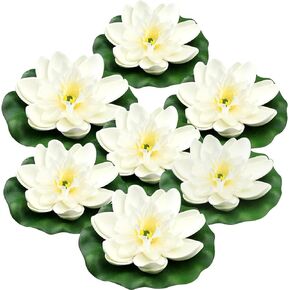 7 PCS Artificial Floating Foam Lotus Flower with Water Lily Pad, Lifelike Ornament Perfect for Home Garden Pond Decor Indian Diwali Decorations Return Gifts, White