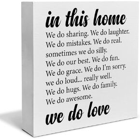 in This Home We Do Love Decorative Wooden Box Sign Home Family Love Wood Block Plaque Decor Rustic Shelf or Wall Display for Living Room Bedroom