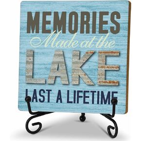 Lake Theme Desk Decor Sign, Motivational Wooden Sign With Stand, Memories Make At The Lake Last A Life Time Sign For Home Office Living Room Shelf Table, Inspirational Gifts For Family Friend, C27