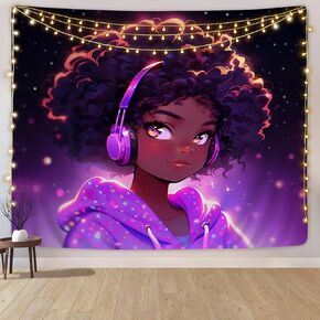 SARA NELL Tapestry Black Girl African American Girl Love Music Tapestries Hippie Art Wall Hanging Throw Tablecloth 50X60 Inches for Bedroom Living Room Dorm Room