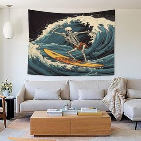 Buyidec Skeleton Surfing Wave Surfboard Tapestry Skeleton Art Wall Hanging Skull Tapestry for Room 40"x60"