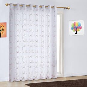 Warm Home Designs 1 Sheer White Faux-Linen Sliding Door Curtain Panel with Rustic Blush Pink Color Stitched Leaf Embroidery. Extra Wide Drape is 102" (Width) x 84" (Length). M Blush Patio 84"