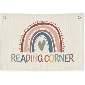 Boho Classroom Decor, Neutral Reading Corner Banner, Trendy Boho Rainbow Canvas Wall Hanging Banner Flag Decor for Reading Corner Nook, School Girl Style Classroom Decor