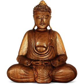 G6 COLLECTION Wooden Serene Sitting Buddha Statue Handmade Meditating Sculpture Wood Figurine Decorative Accent Handcrafted Traditional Modern Contemporary Oriental Decor Hands In Lap Buddha (8" Tall)